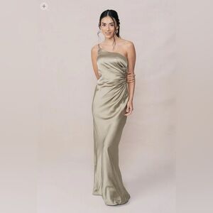 Revelry satin silver sage jade bridesmaids dress